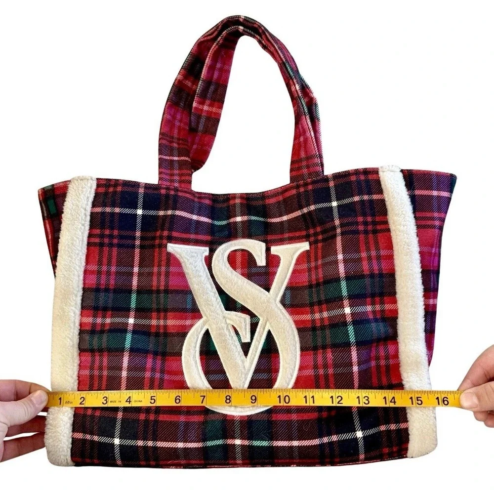Victoria's Secret Plaid Sherpa Tote Bag Double Handles, Cozy‎ Winter Style